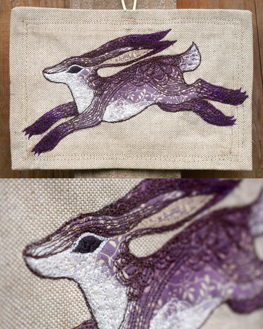 Embroidered hare wall hanging