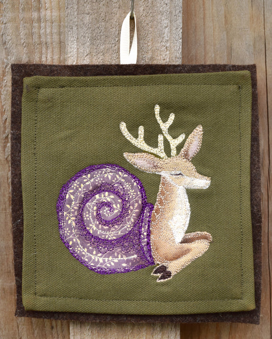 Deer Snail Embroidered hare wall hanging