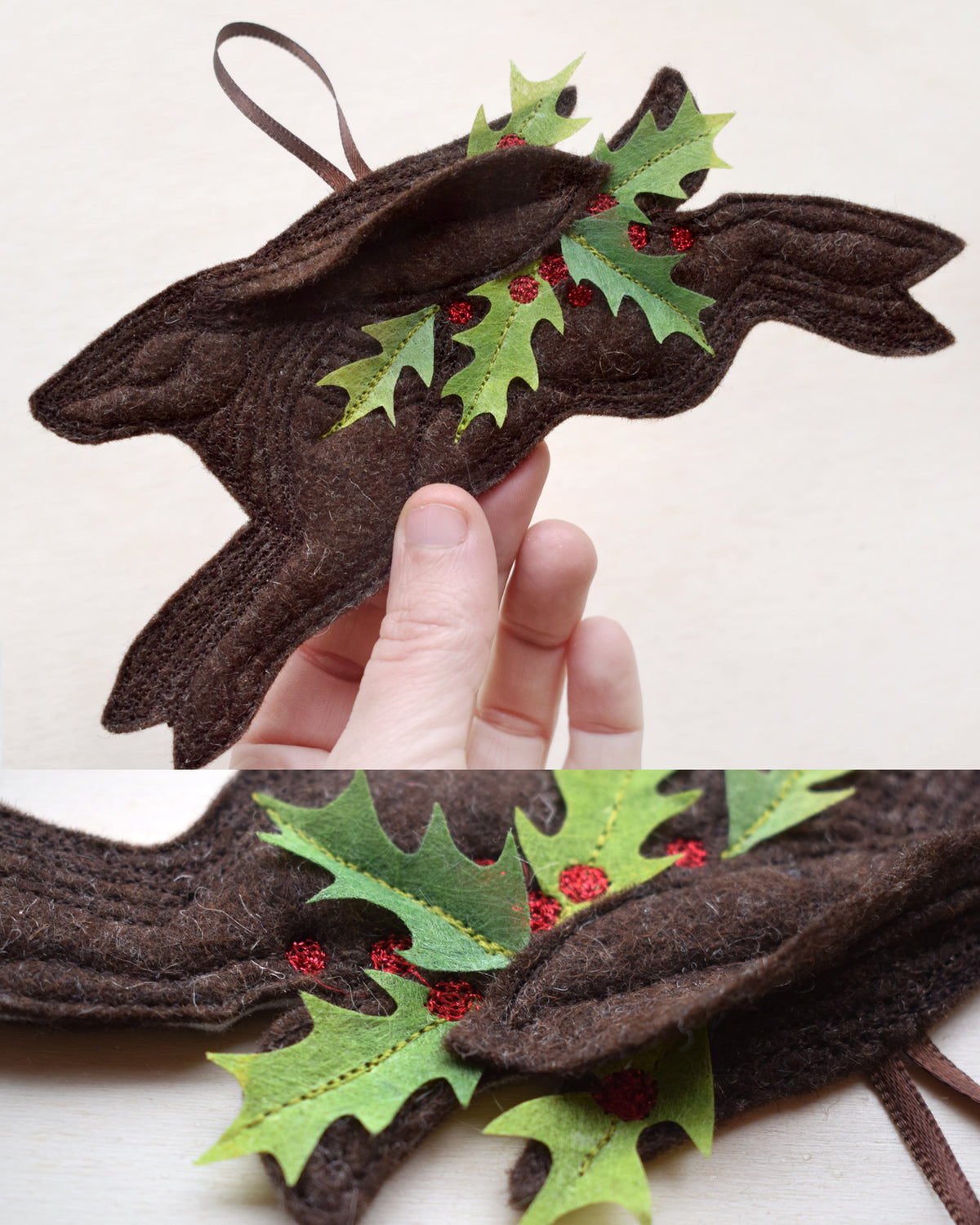 Christmas Holly Hare - felt wall hanging with embroidery and applique MADE TO ORDER