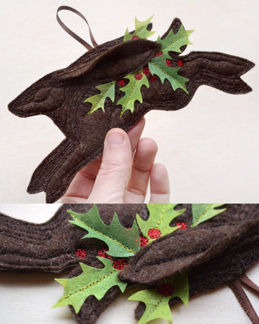 Christmas Holly Hare - felt wall hanging with embroidery and applique MADE TO ORDER