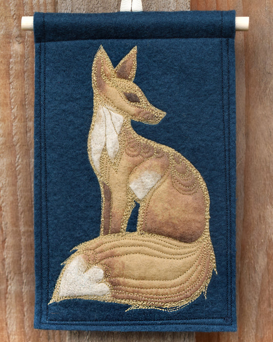 Fox on Dark Blue, felt wall hanging with embroidery