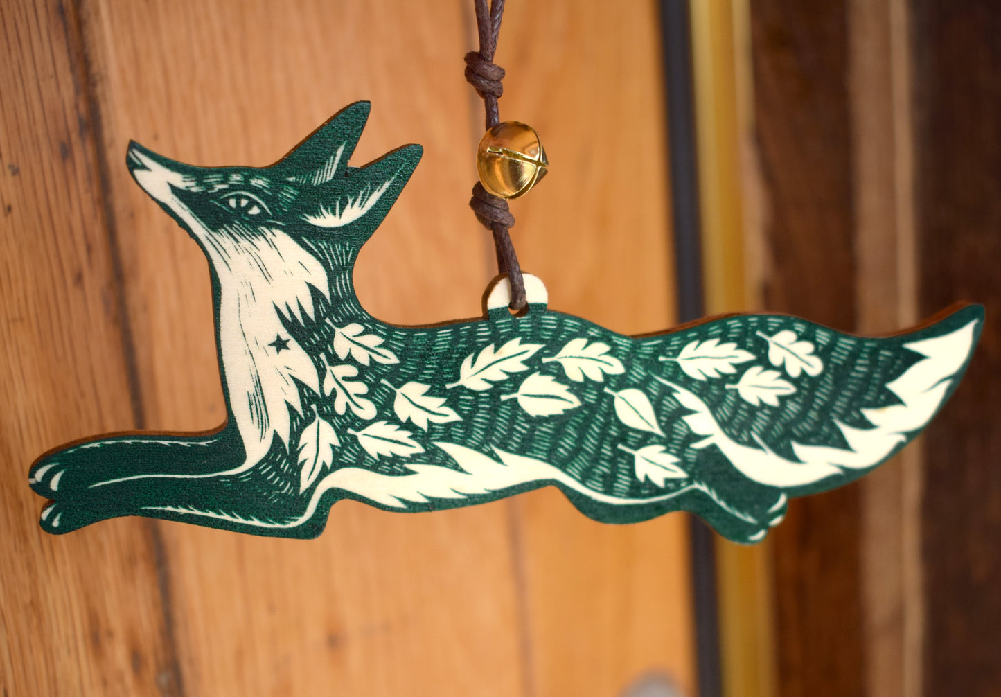 Small Leafy fox - screen print on wood ornament, red green or brown