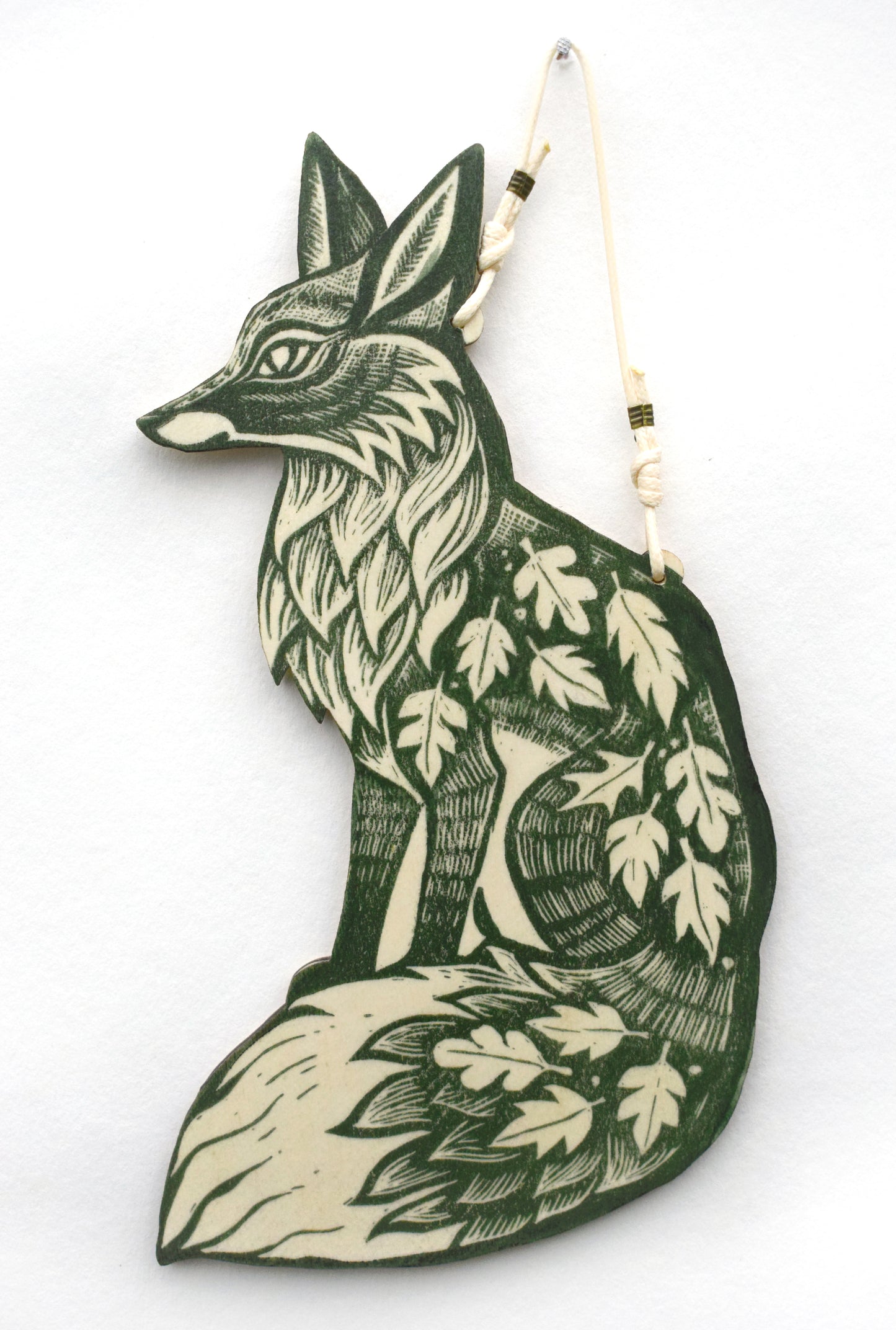 Green Fox Wall Hanging - Lino Print on Wood