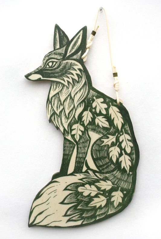 Green Fox Wall Hanging - Lino Print on Wood