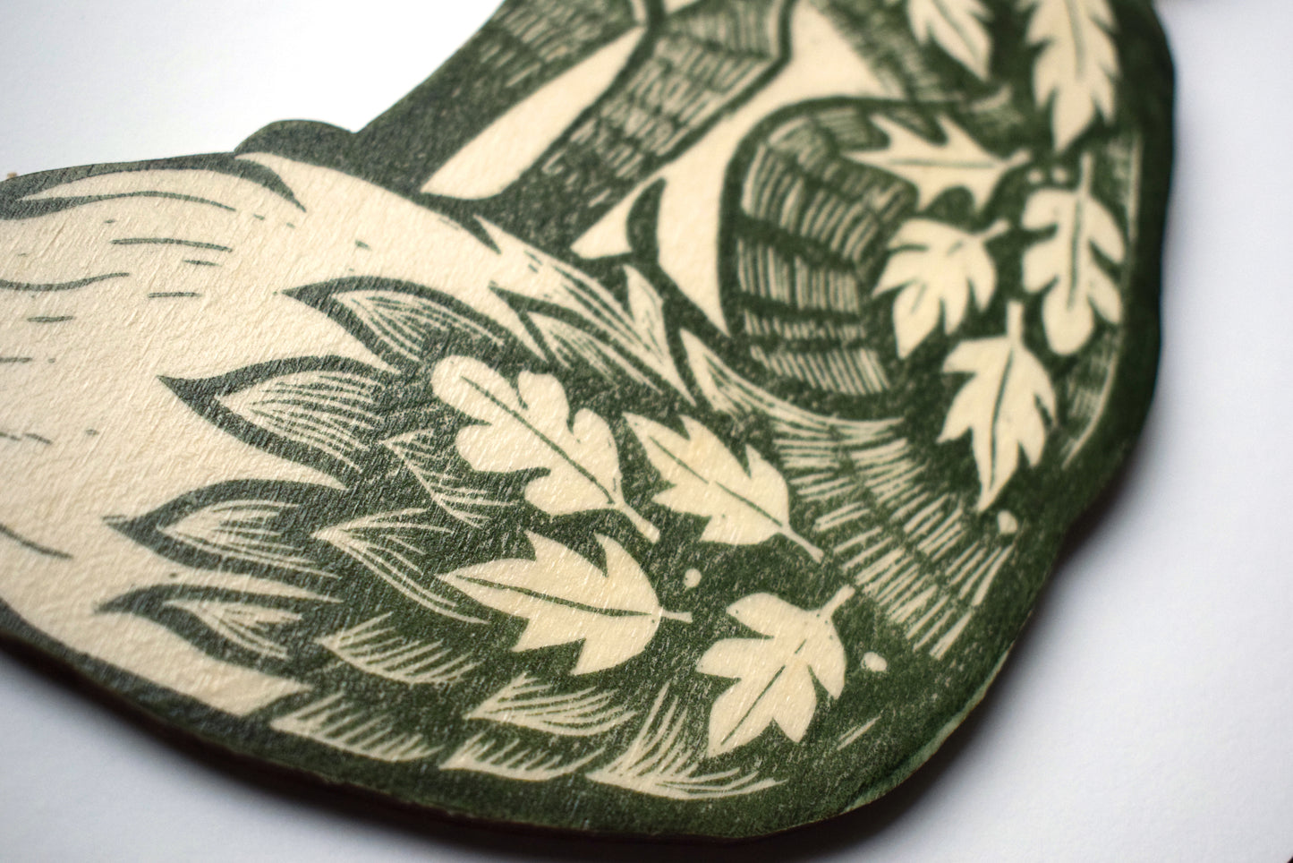 Green Fox Wall Hanging - Lino Print on Wood