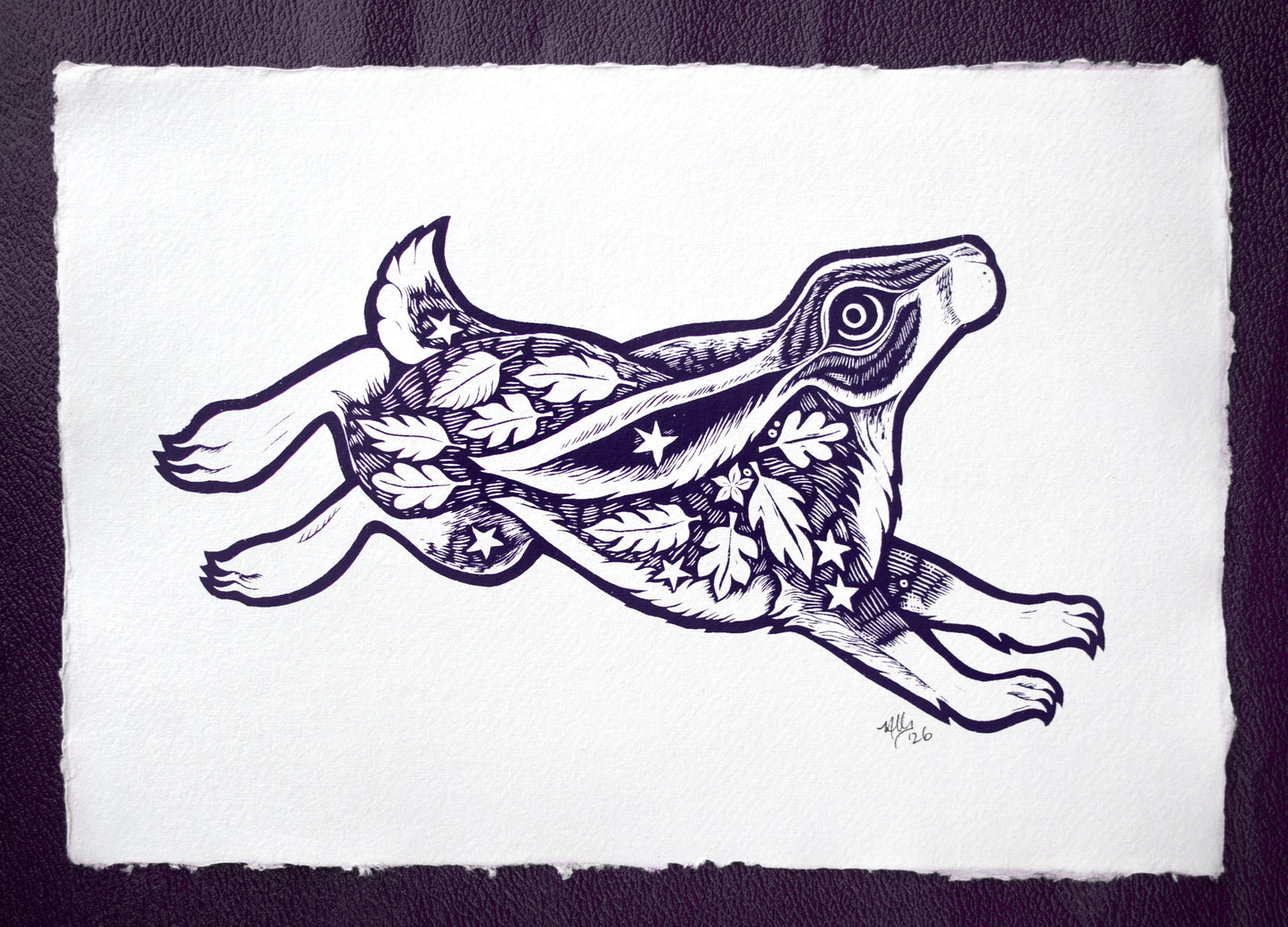 Hare Screenprint on Khadi Cotton Rag - Inky purple (b23)