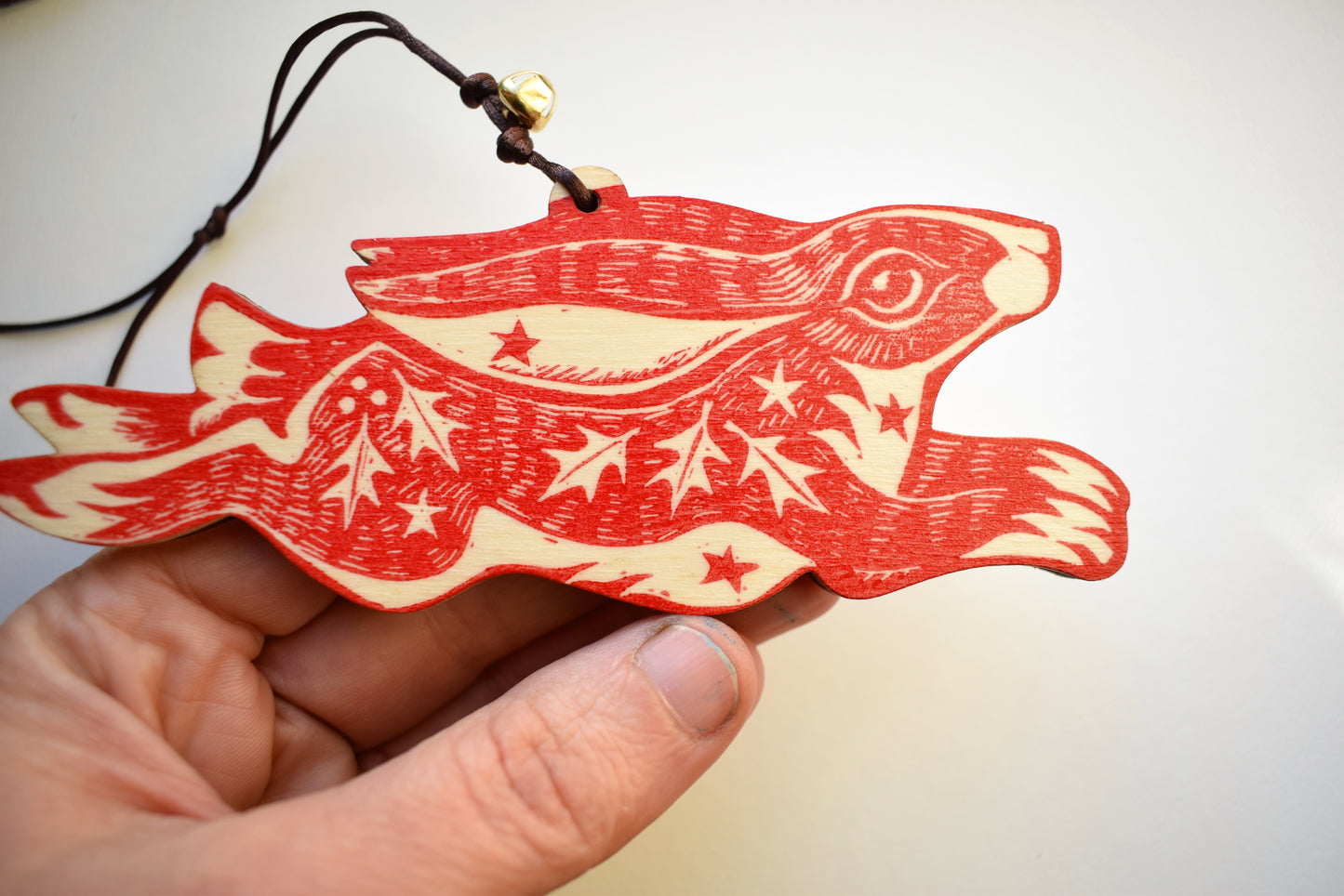 Christmas/Yule Hare - Lino print on wood ornament