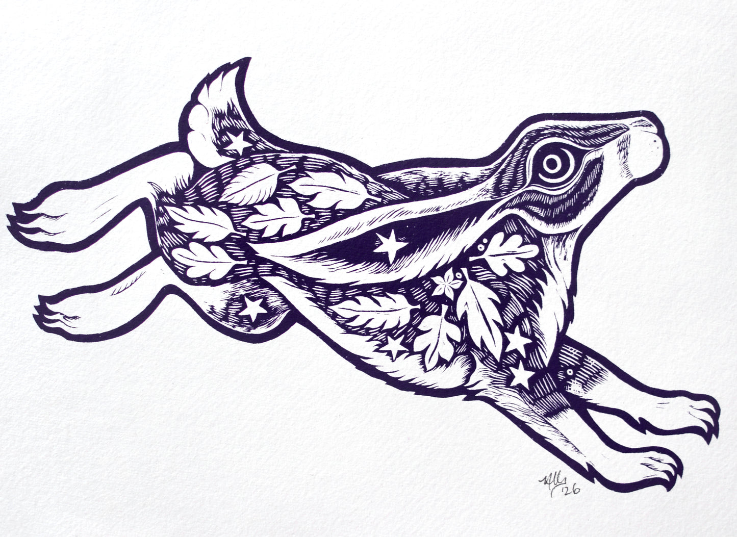 Hare Screenprint on Khadi Cotton Rag - Inky purple (b23)