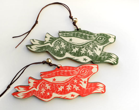 Christmas/Yule Hare - Lino print on wood ornament