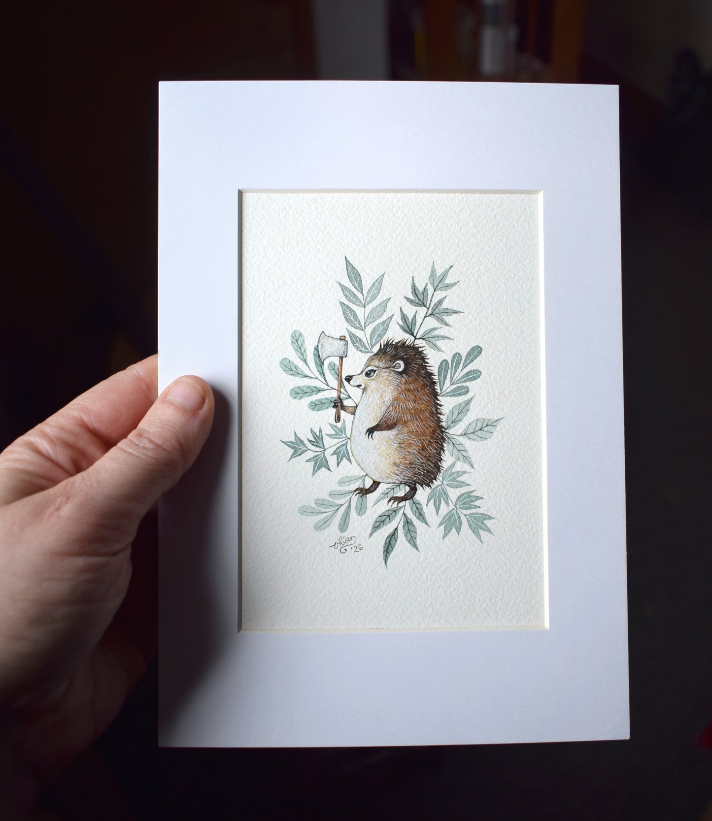 Axe-Wielding Hedgehog - Watercolour in Mount