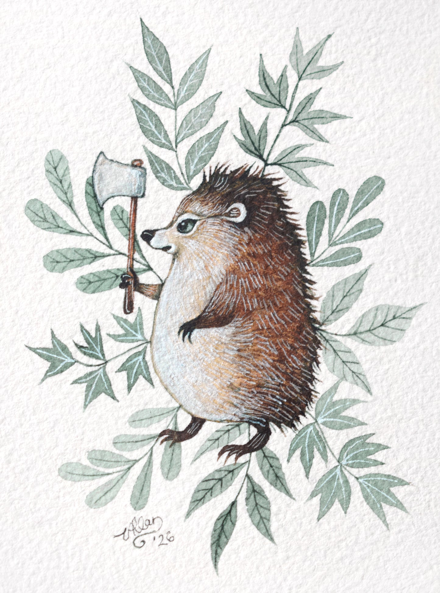 Axe-Wielding Hedgehog - Watercolour in Mount
