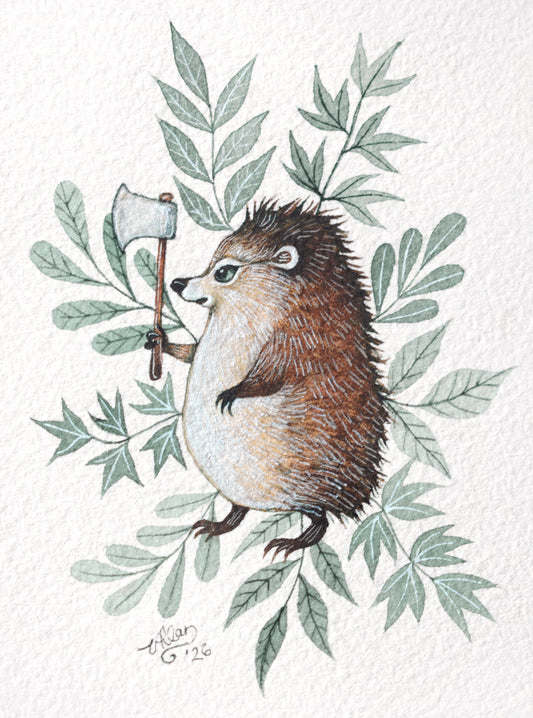 Axe-Wielding Hedgehog - Watercolour in Mount