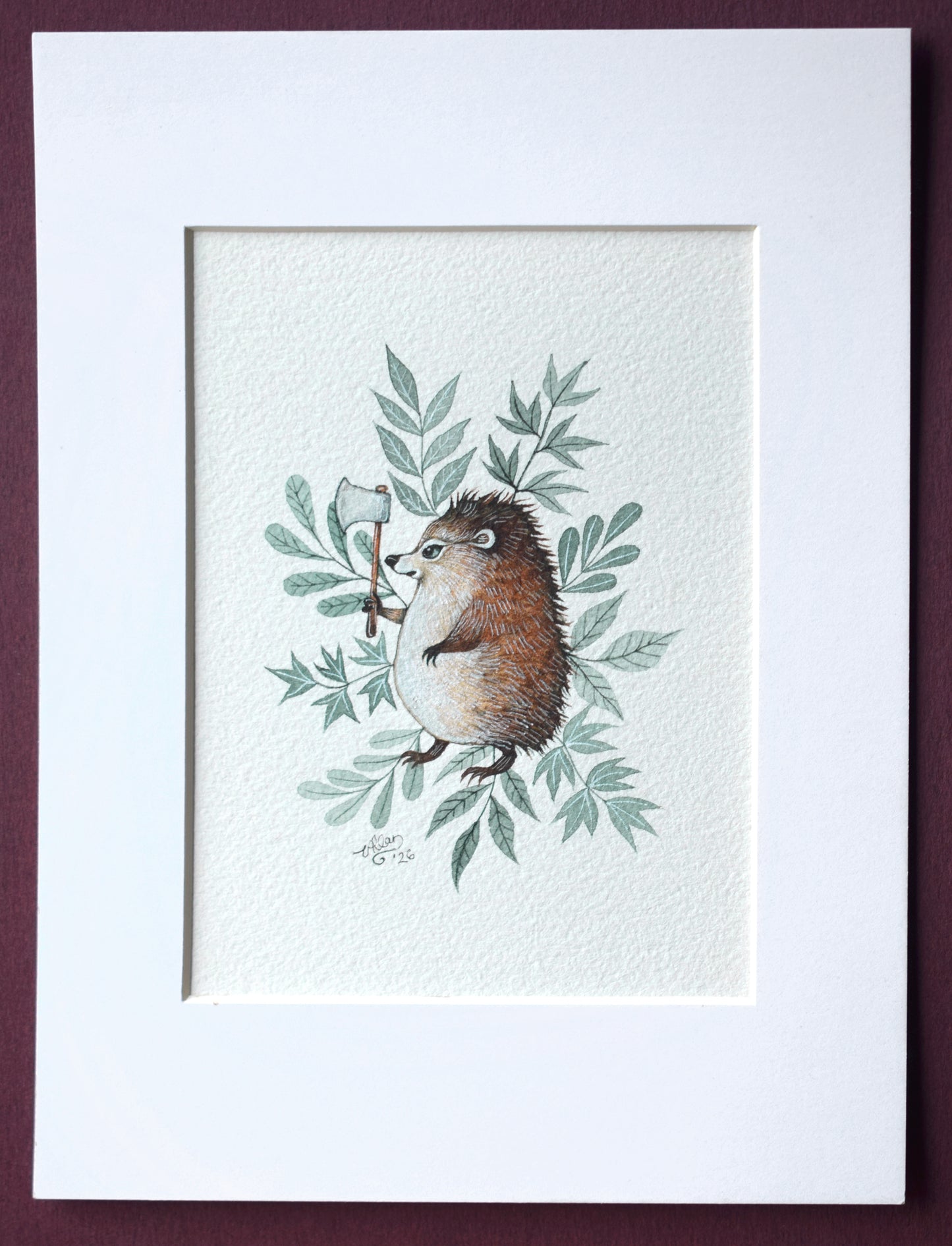 Axe-Wielding Hedgehog - Watercolour in Mount