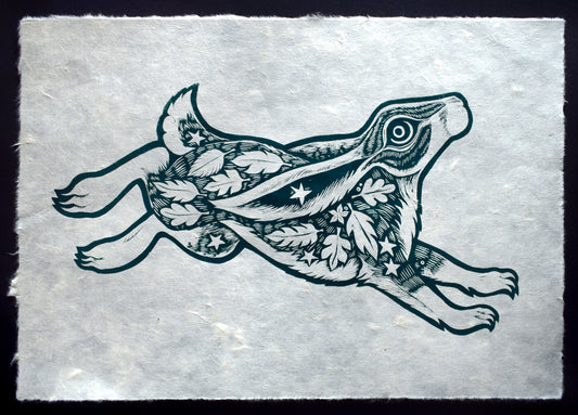 Hare Screenprint on Mitsumata washi - Deep Green (b26)