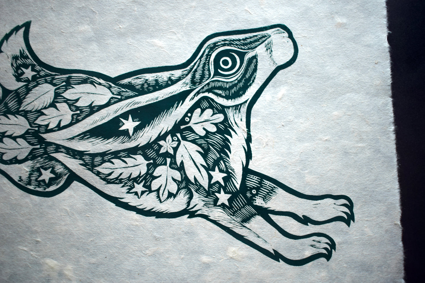 Hare Screenprint on Mitsumata washi - Deep Green (b26)