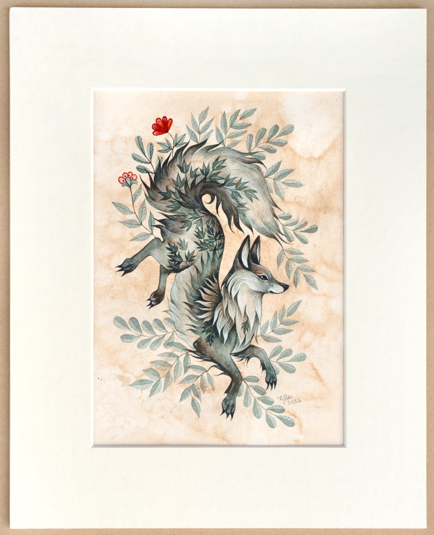 Fox and Leaves - Original Watercolour in Mount