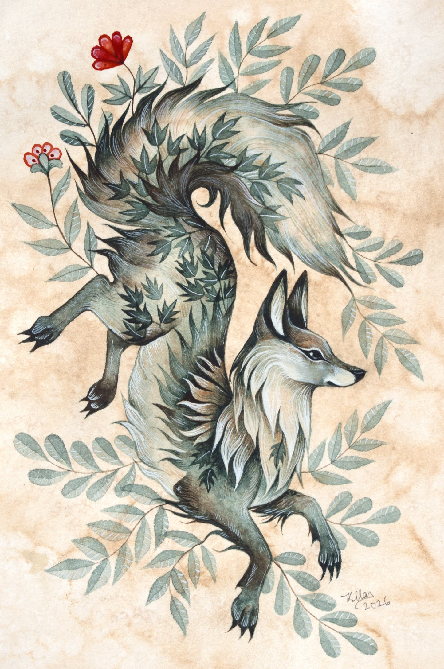 Fox and Leaves - Original Watercolour in Mount