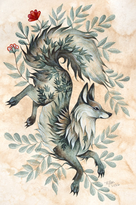 Fox and Leaves - Original Watercolour in Mount