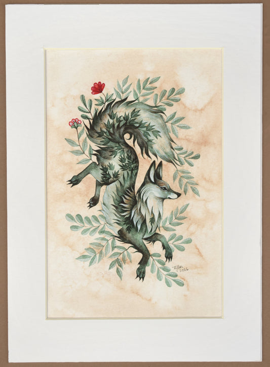 Fox and Leaves - Giclee Print, mounted (unframed)