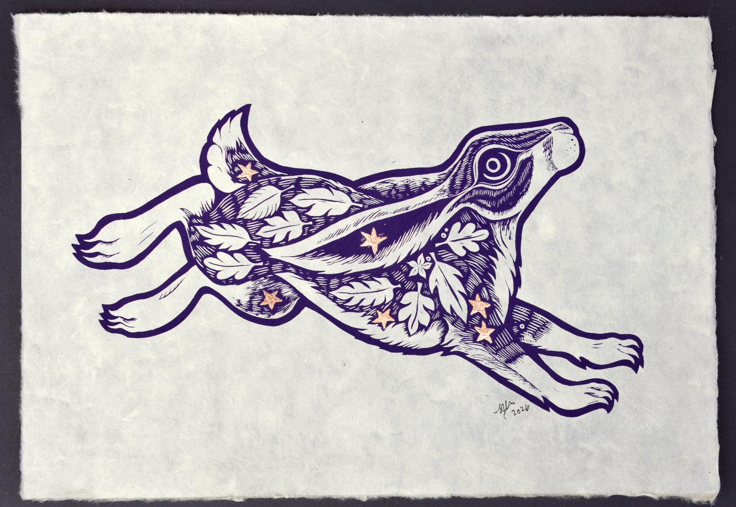 Hare Screenprint on Mitsumata washi with copper leaf (b33)