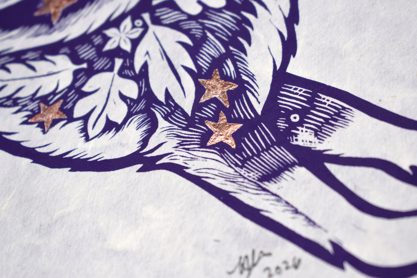 Hare Screenprint on Mitsumata washi with copper leaf (b33)