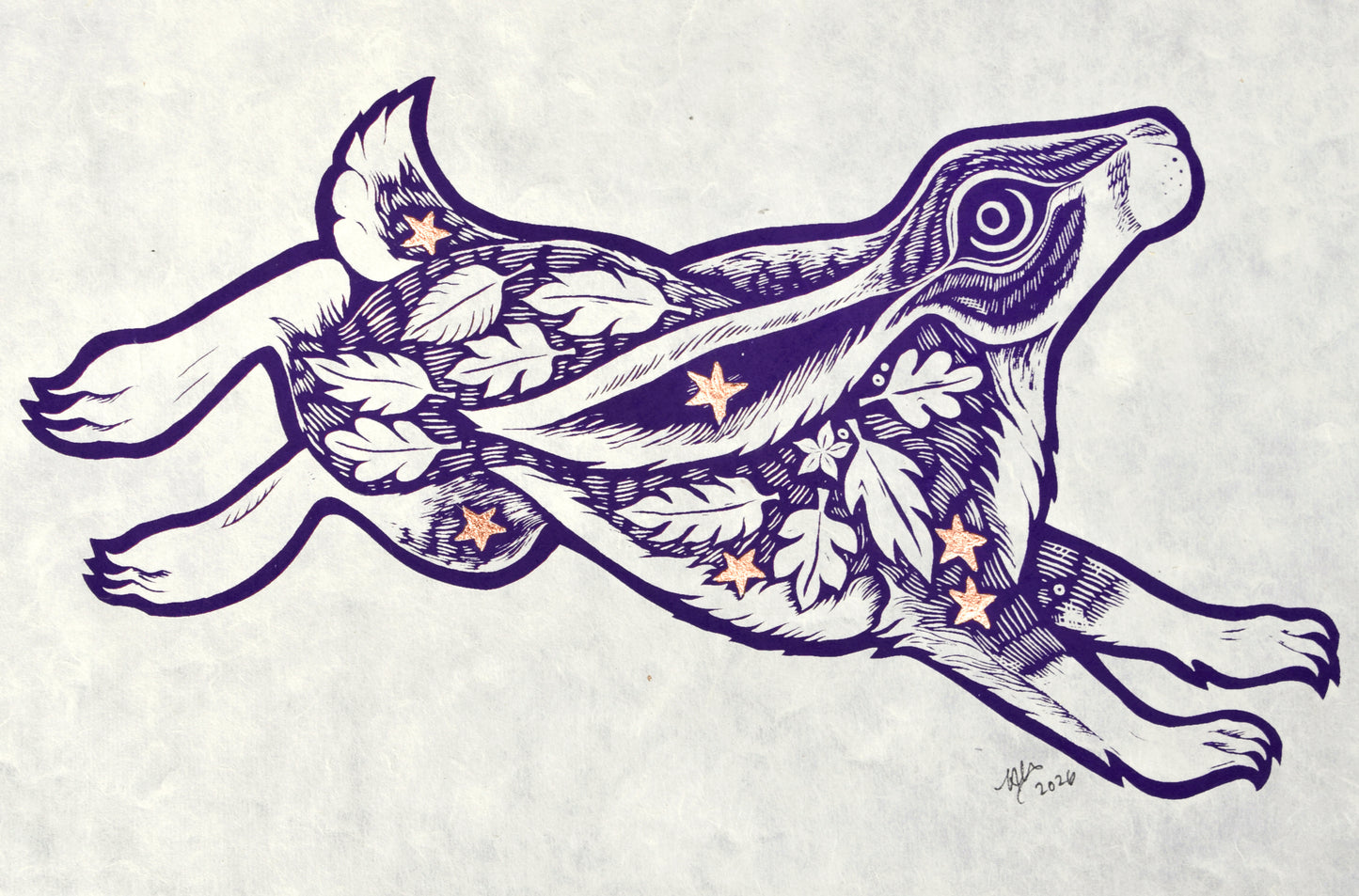 Hare Screenprint on Mitsumata washi with copper leaf (b33)