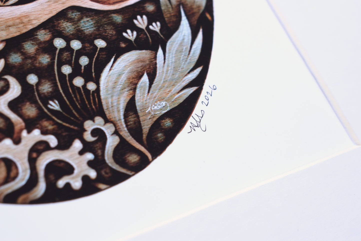 Narwhal in pyrography and watercolour - Giclee Print, mounted (unframed)