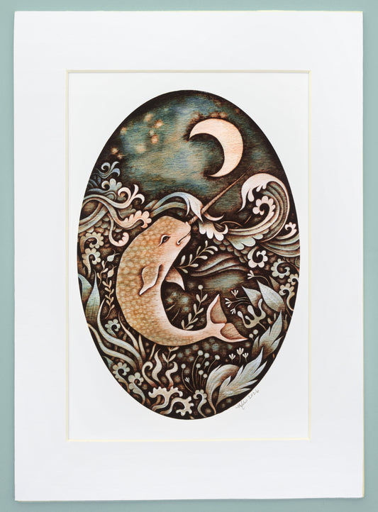Narwhal in pyrography and watercolour - Giclee Print, mounted (unframed)