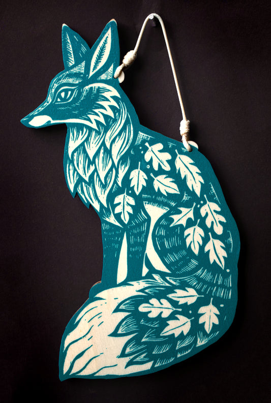 Teal Wooden Fox Wall Hanging (b28)