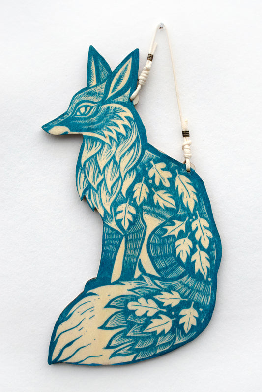 Turquoise Fox Wall Hanging - Lino Print on Wood