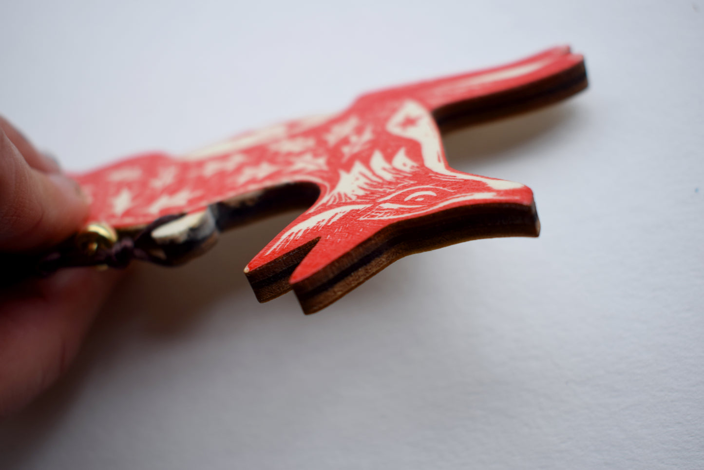 Christmas/Yule Fox - Lino print on wood ornament