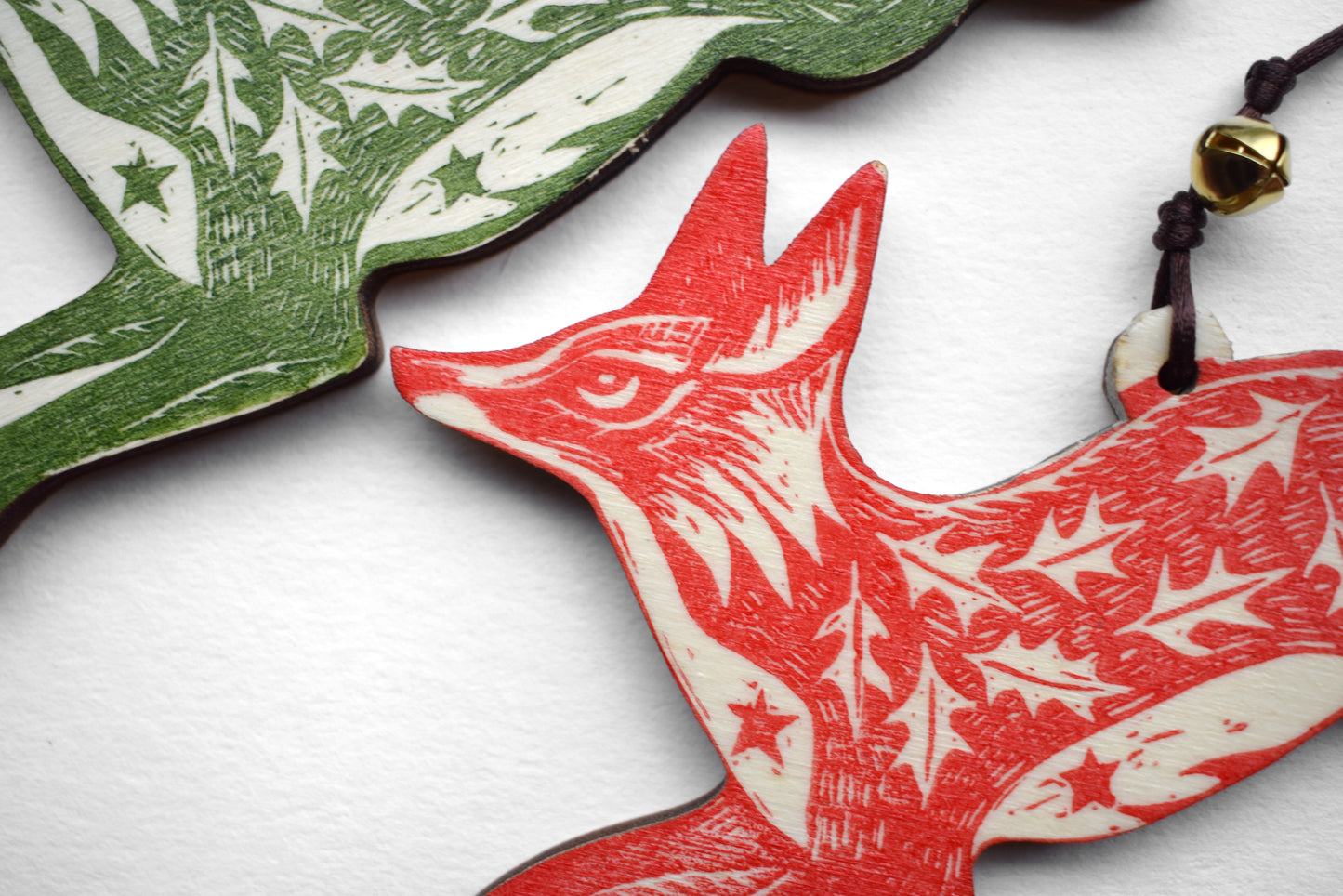 Christmas/Yule Fox - Lino print on wood ornament