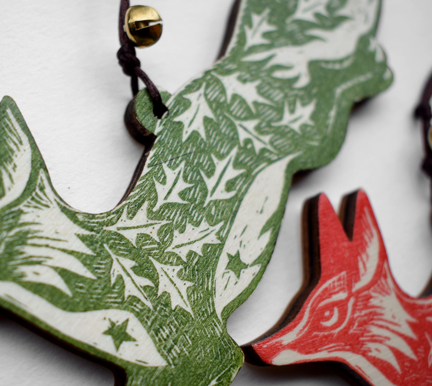 Christmas/Yule Fox - Lino print on wood ornament