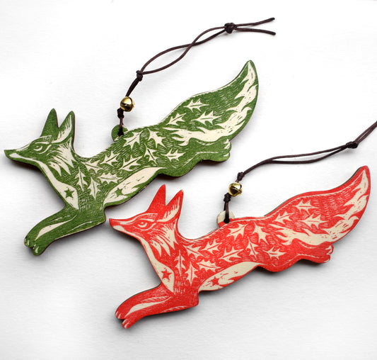 Christmas/Yule Fox - Lino print on wood ornament