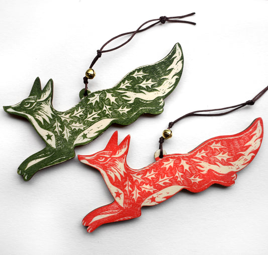 Christmas/Yule Fox - Lino print on wood ornament